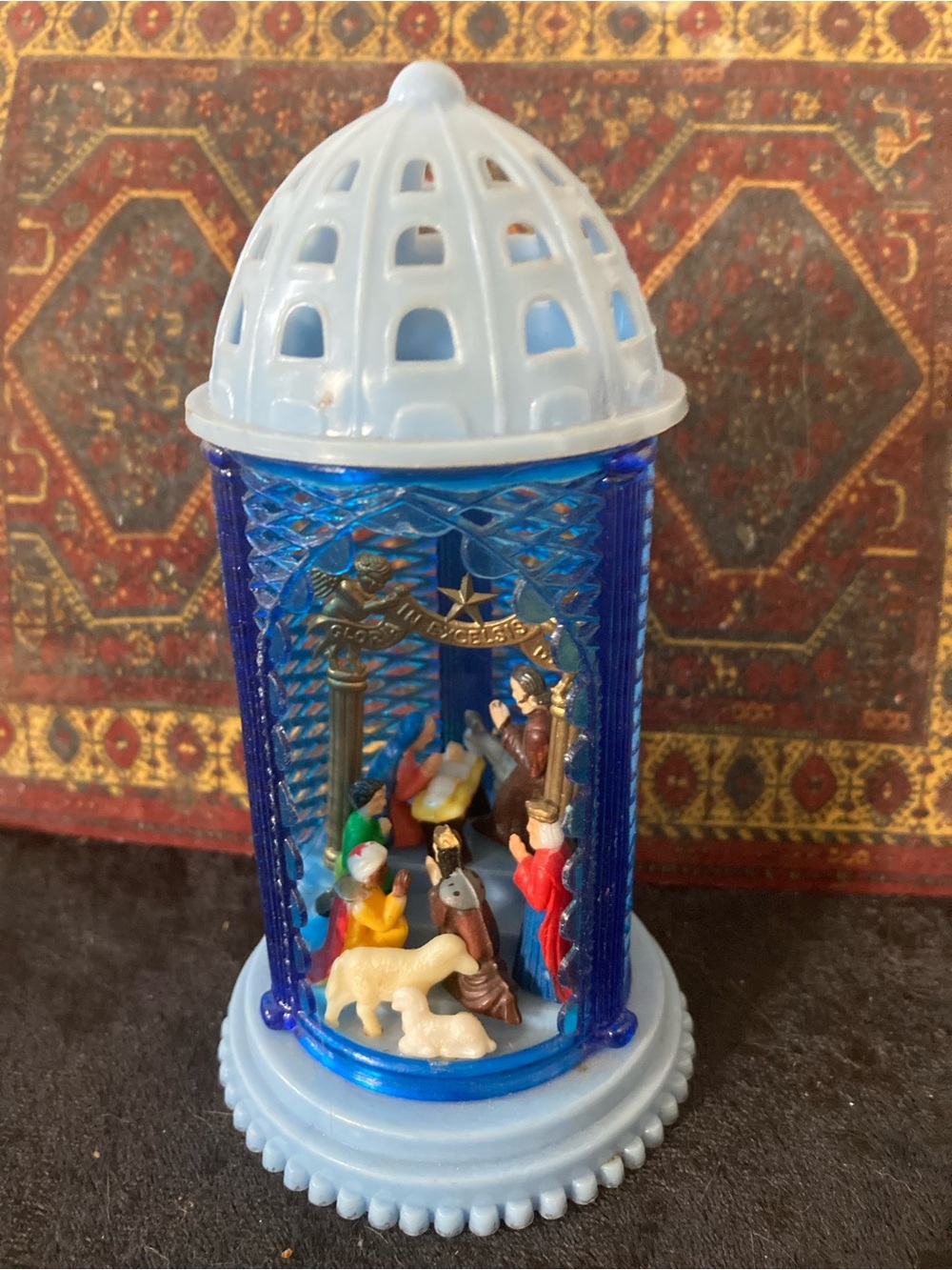 Shiny Brite Blue Dome Nativity Figurine - Miniature Manger Holiday Scene MCM